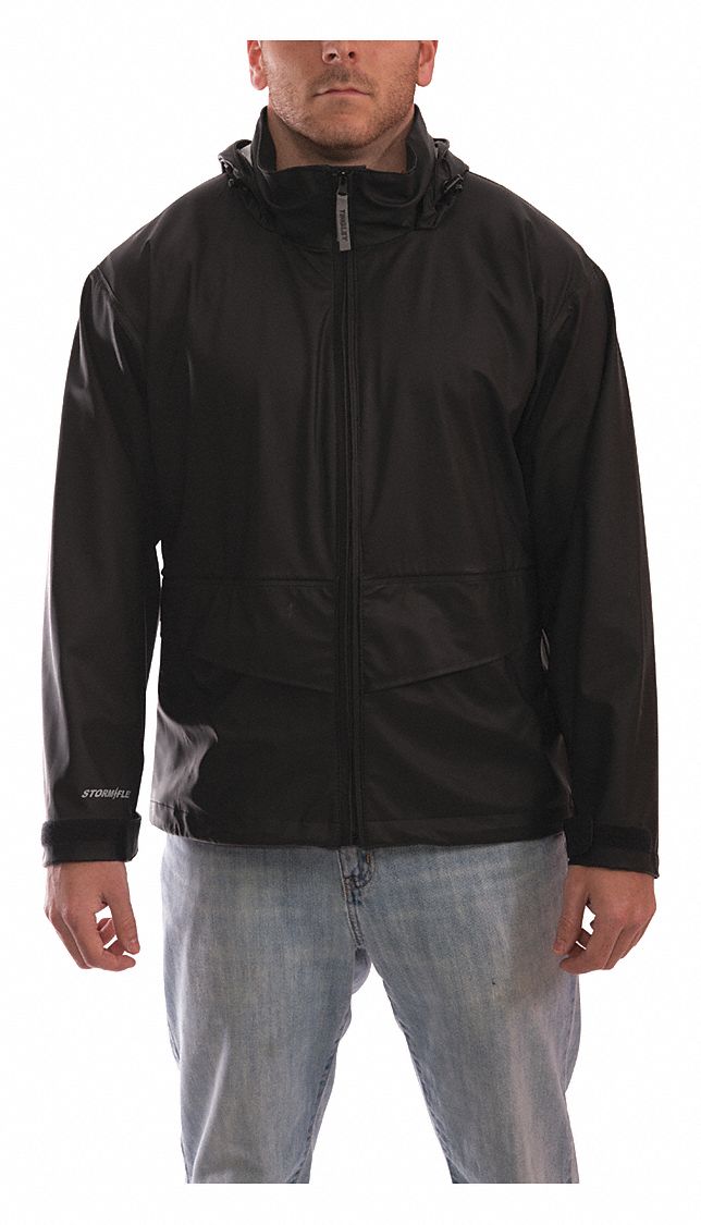 Tingley J67113 Rain Jacket, Rain Jacket, L, Black, Zipper, Packable Hood in Collar Hood, 2 Pockets, Hip Lg