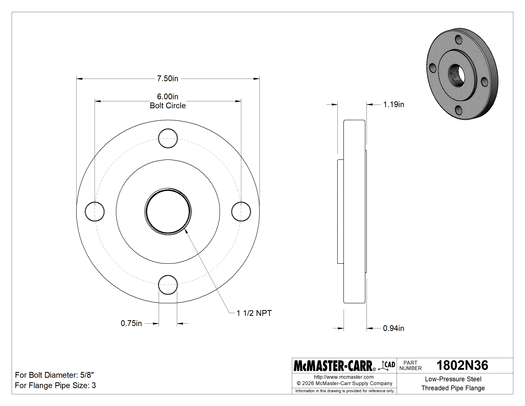 McMaster 1802N36 Low-Pressure Steel Threaded Pipe Flange, 1-1/2 NPT × 3 Flange Pipe Size