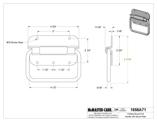 McMaster 1856A71 Folding Round Pull Handle with Mount Plate, Spring-Loaded, Dull 300 Stainless Steel, 4-1/2" Wide Handle
