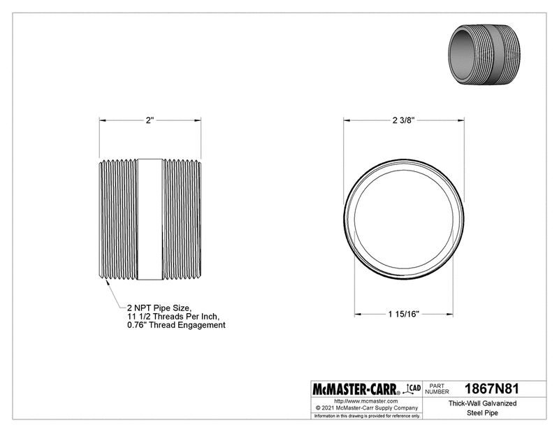 McMaster 1867N81 Thick-Wall Galvanized Steel Pipe Nipple, Fully Threaded, 2 NPT, 2" Long