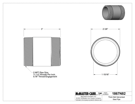 McMaster 1867N82 Thick-Wall Galvanized Steel Pipe Nipple, Threaded on Both Ends, 2 NPT, 3" Long