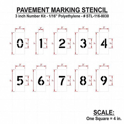 RAE STL - 116 - 8030 Pavement Stencil 0 to 9/Blanks, 3 in Character Ht, 2 in Character Wd, Polyethylene - KVM Tools Inc.KV18E689