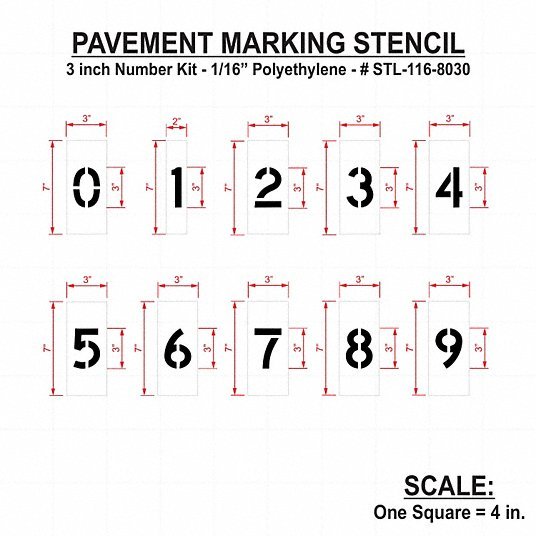 RAE STL - 116 - 8030 Pavement Stencil 0 to 9/Blanks, 3 in Character Ht, 2 in Character Wd, Polyethylene - KVM Tools Inc.KV18E689
