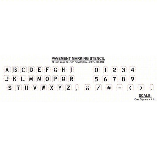 RAE STL - 108 - 8108 Pavement Stencil 0 to 9/A to Z/Punctuation, 10 in Character Ht, 6 in Character Wd, Polyethylene - KVM Tools Inc.KV18E719