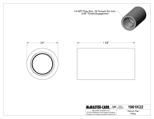 McMaster 1961K22 Titanium Pipe Fitting Straight Connector, 1/4 NPT Female