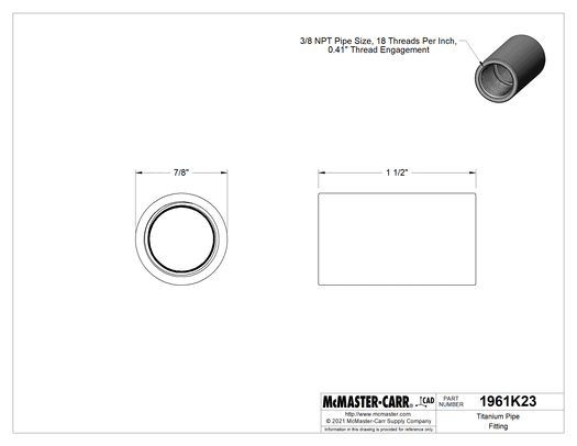McMaster 1961K23 Titanium Pipe Fitting Straight Connector, 3/8 NPT Female