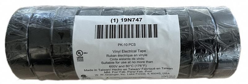 Approved Vendor 19N747 Electrical Tape, 3/4 in Wd, 20 yd Lg, 7 mil Thick, Vinyl, Rubber, Black, 10 PK