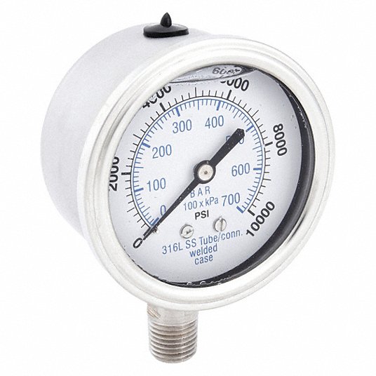 PIC PRO-301L-254U-01 Industrial Pressure Gauge 0 psi to 10,000 psi, 2 1/2 in Dial, 1/4 in NPT Male, Bottom