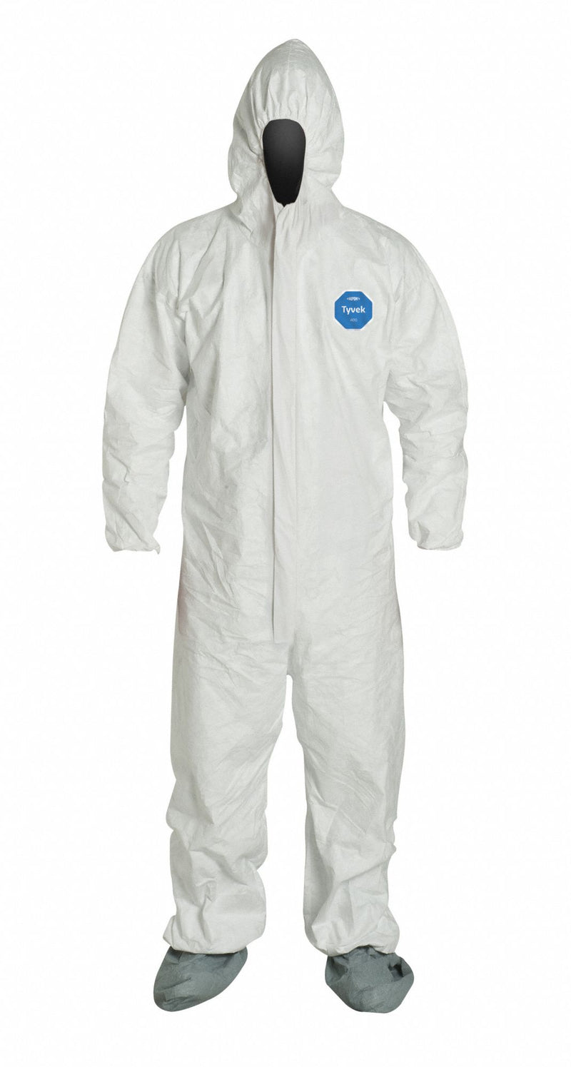Dupont TY122SWHMD002500 Coveralls, M, Tyvek® 400, Elastic Wrist, White, Serged Seam, Includes Boot Covers, 25 PK