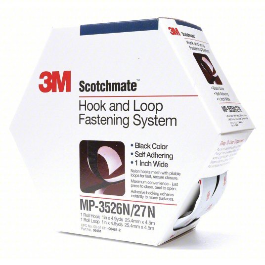 3M MP3526N/MP3527N Hook - and - Loop Fastener Roll, Black, Hook - and - Loop, 1 in Overall Wd, 14 11/16 ft Overall Lg - KVM Tools Inc.KV1F216