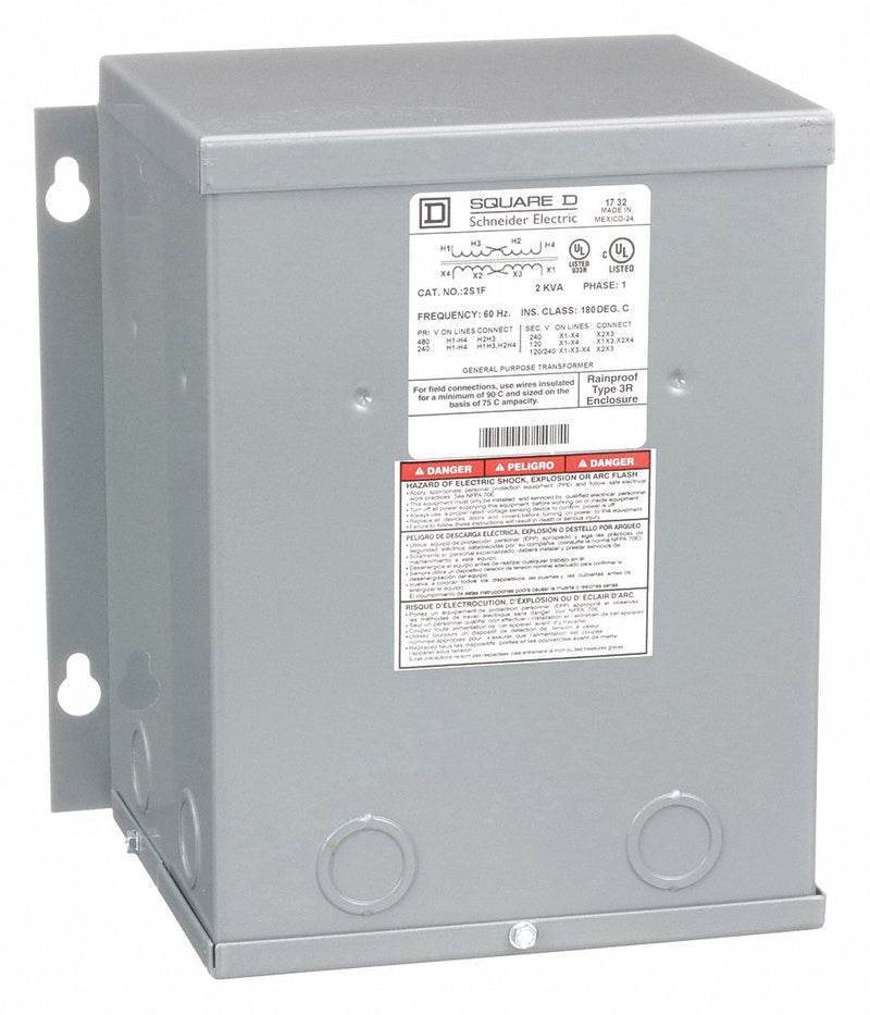 Square D 2S1F Dry Type Power Distribution Transformer, 240V AC/480V AC, 120V AC/240V AC, Wall, Aluminum