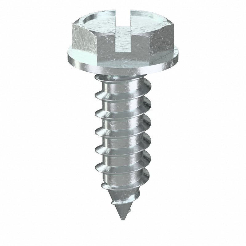 Approved Vendor U28100.015.0050 Sheet Metal Screw, #7 Size, 1/2 in Lg, Steel, Zinc-Plated, Slotted, Hex Washer, 100 PK