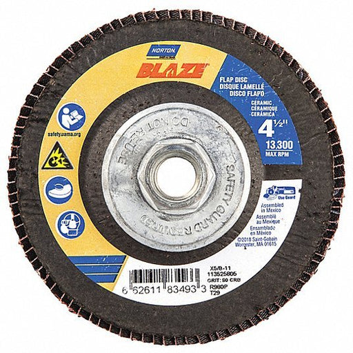 Norton 66261183493 Flap Disc Type 29, 4 - 1/2" x 5/8" - 11, Ceramic, 80 Grit, Fiberglass Bk, Std Density - KVM Tools Inc.KV1PYF3