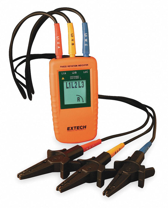 Extech 480400 Phase Sequence Tester, 15 Hz to 400 Hz, 40 V to 600 V, CAT III 600V, For Three Phase, Digital