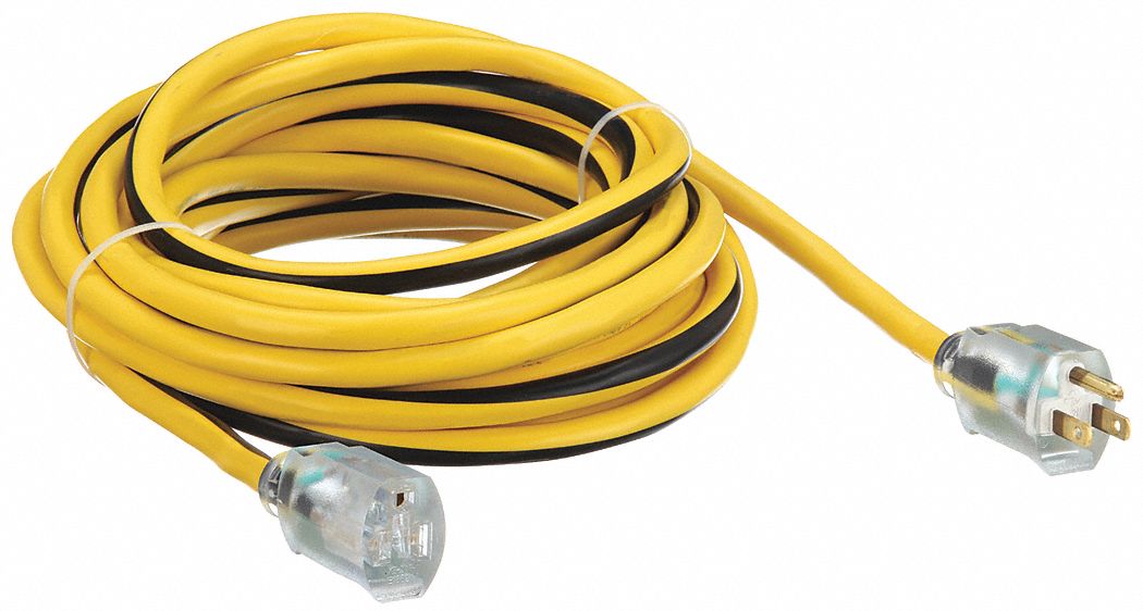 Approved Vendor 1XUP6 Extension Cord, Outdoor Use, 25 ft Lg, Outlet, 5-15P, 12/3, SJTW, Black/Yellow