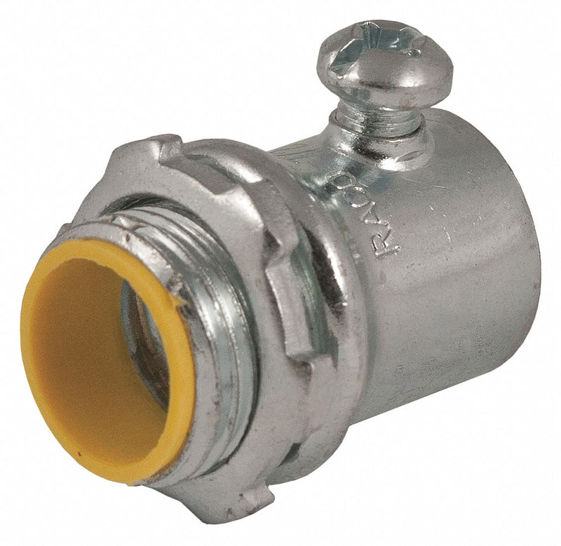 Raco 2124 Set Screw Conduit Connector, Steel, 1 in Trade Size, 1 23/32 in Overall Lg, Insulated, Gray/Yellow