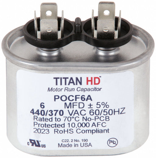 Titan HD POCF6A Motor Run Capacitor, Oval, 440/370V AC, 6 MFD, 2 1/8 in Overall Ht, -40°C Op Temp - Min