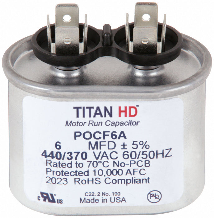 Titan HD POCF6A Motor Run Capacitor, Oval, 440/370V AC, 6 MFD, 2 1/8 in Overall Ht, -40°C Op Temp - Min