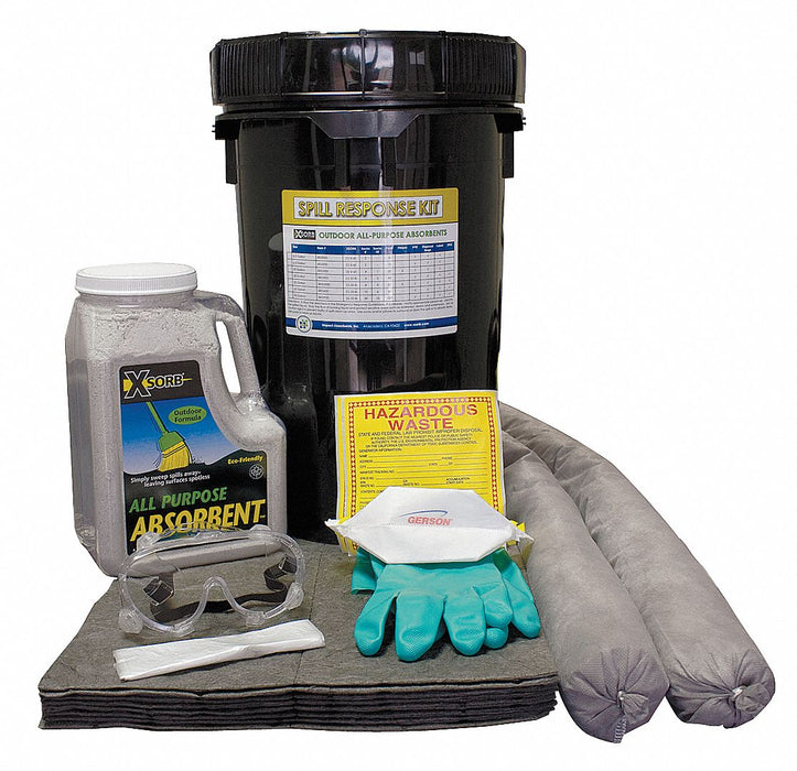 XSORB XK600D Universal Spill Kit, 5 gal Absorb Capacity, 13 in Black Bucket, with FiberLink Pads/Socks, PPE, Hazmat Labels, XSORB Outdoor 6 qt Bottle, UN Certified