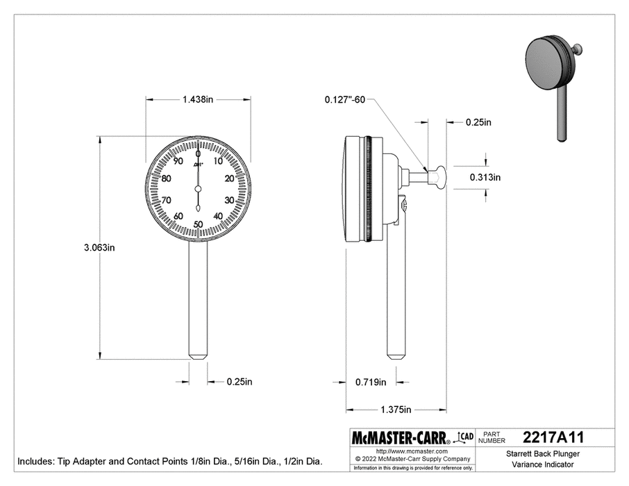 Starrett 196A1Z Back Plunger Dial Indicator Kit 0 in to 0.2 in, Inch, Mechanical, 0-100 Dial Reading
