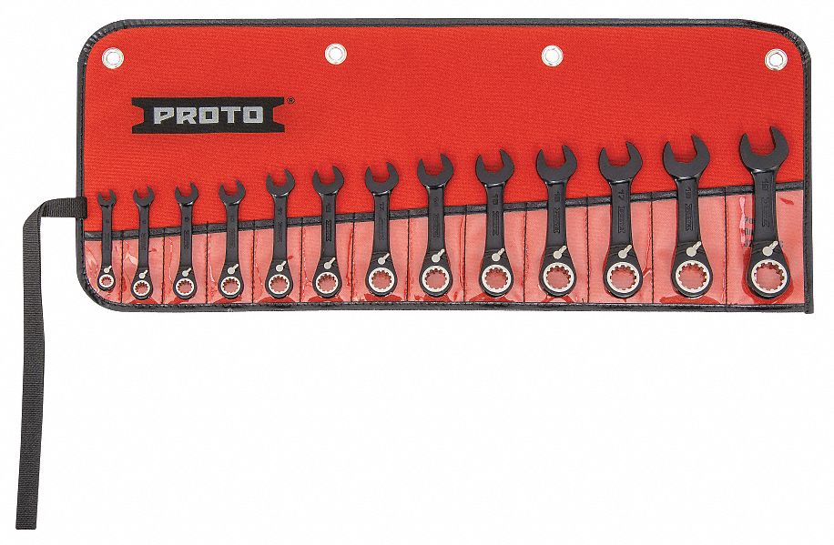 Proto JSCVMS-13S Combination Wrench Set, Metric, 13 Tools, 6-19 mm, Stubby Ratcheting, Alloy Steel, Black Chrome