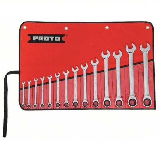 Proto JSCRT - 14S Combination Wrench Set Alloy Steel, Chrome, 14 Tools, 1/4 in to 1 in Range of Head Sizes, Std - KVM Tools Inc.KV22DJ43
