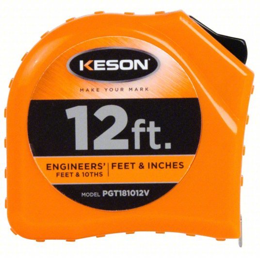 Keson PGT181012V Tape Measure Inch/Engineer's Scale, Nonmagnetic Single Hook Tip, Plastic, 12 ft, Narrow Blade - KVM Tools Inc.KV22N884