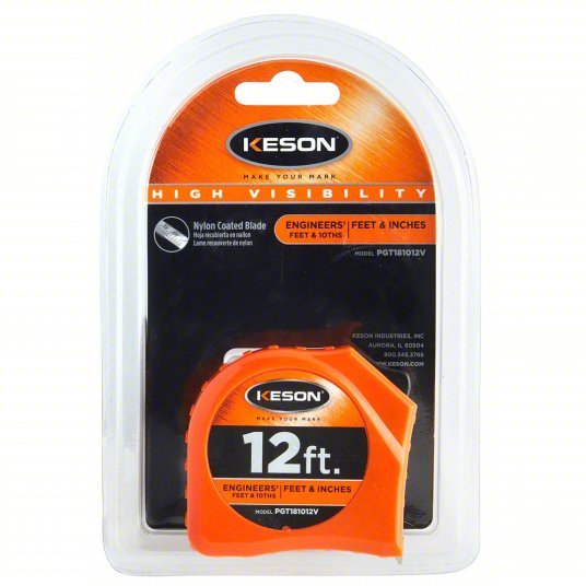 Keson PGT181012V Tape Measure Inch/Engineer's Scale, Nonmagnetic Single Hook Tip, Plastic, 12 ft, Narrow Blade - KVM Tools Inc.KV22N884