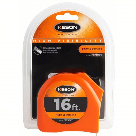 Keson PGT1816V Tape Measure Inch, Nonmagnetic Single Hook Tip, Plastic, 16 ft, 8 ft Standout Lg, Std Blade - KVM Tools Inc.KV22N889