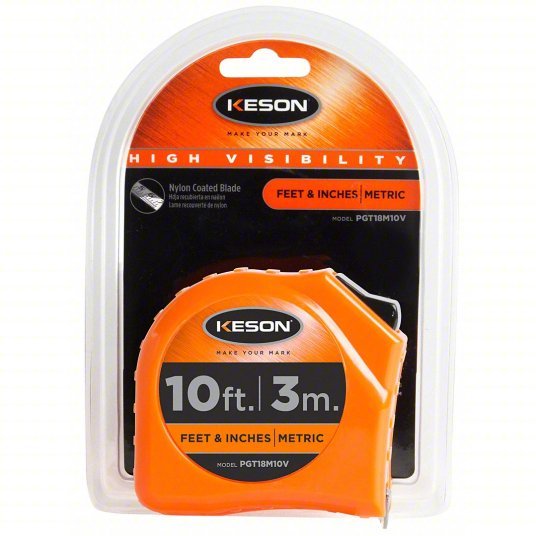 Keson PGT18M10V Tape Measure Inch/Metric, Nonmagnetic Single Hook Tip, Plastic, 10 ft / 3 m, 5 ft Standout Lg - KVM Tools Inc.KV22N893