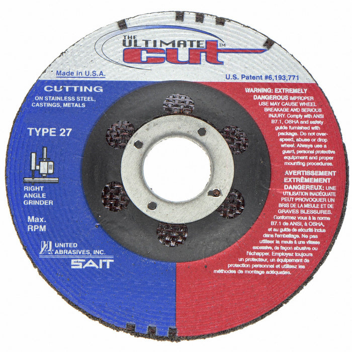 United Abrasives-SAIT 22380 Cut-Off Wheel, Type 27, 4-1/2 in, 60 Grit