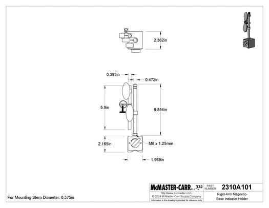 McMaster 2310A101 Rigid-Arm Magnetic-Base Indicator Holder Dovetail and Stem Mount, with Magnetic-Release Switch