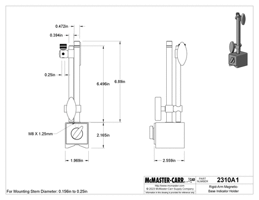 McMaster 2310A1 Rigid-Arm Magnetic-Base Indicator Holder Lug and Stem Mount, with Magnetic-Release Switch