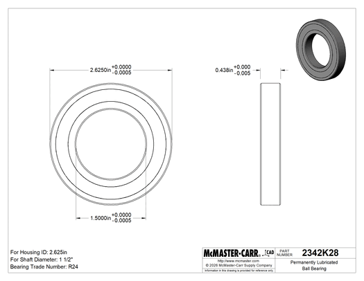 McMaster 2342K28 Permanently Lubricated Ball Bearing, Open, Trade Number R24, for 1-1/2" Shaft Diameter