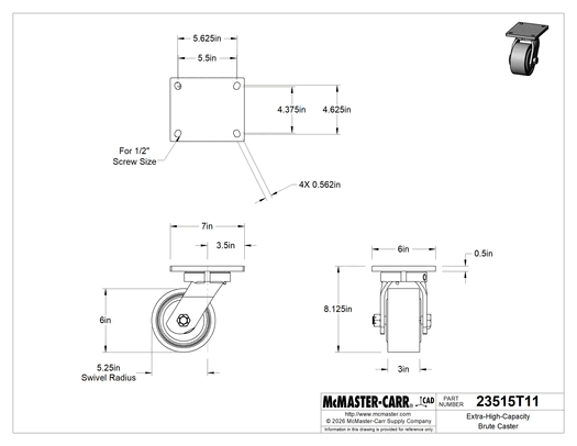 McMaster 23515T11 Extra-High-Capacity Brute Caster, 7" × 6" Plate, Swivel with 6" Diameter × 3" Wide Steel Wheel