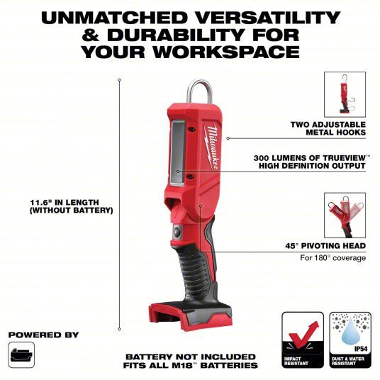 Milwaukee 2352 - 20 Cordless Stick Light M18, Bare Tool, 300 lm Max., 2 Modes, Hang Hook, Bare Tool - KVM Tools Inc.KV32NM99