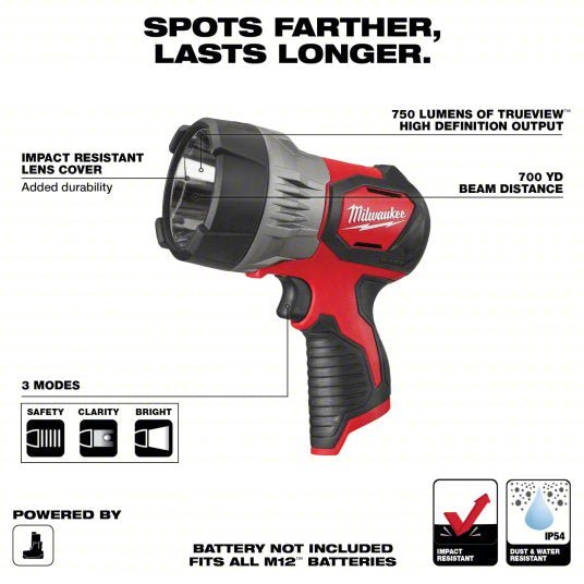 Milwaukee 2353 - 20 Cordless Flashlight: M12, Bare Tool, 750 lm Max., 3 Modes, Hand Held, Bare Tool - KVM Tools Inc.KV45FD40