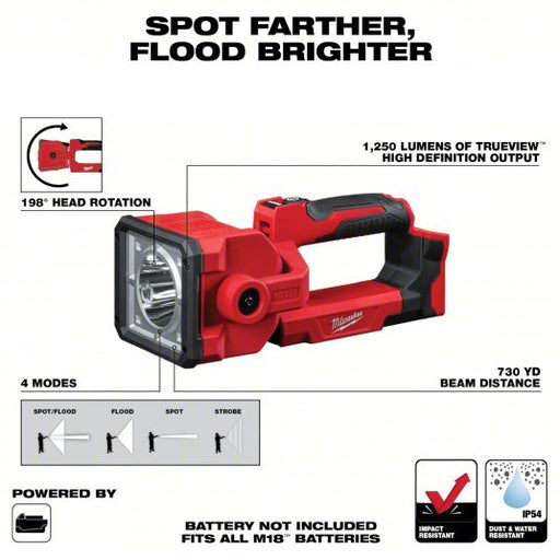 Milwaukee 2354-20 Cordless Flashlight M18, Bare Tool, 1,250 lm Max., 4 Modes, Keyhole, Bare Tool - KVM Tools Inc.KV49JU93