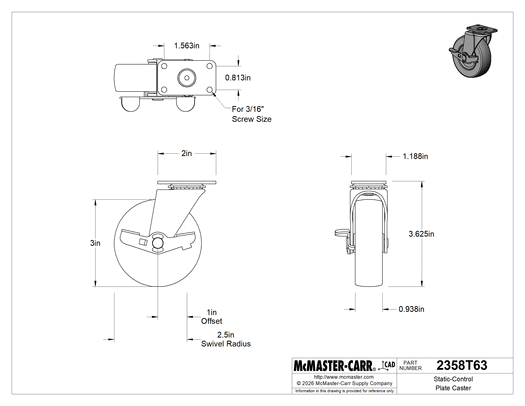 McMaster 2358T63 Static-Control Plate Caster, Swivel with Brake and 3" Diameter x 15/16" Wide Black Solid Rubber Wheel