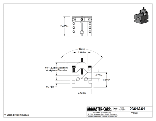 McMaster 2361A61 V-Block, Hardened, for 1-5/8" Maximum Workpiece Diameter
