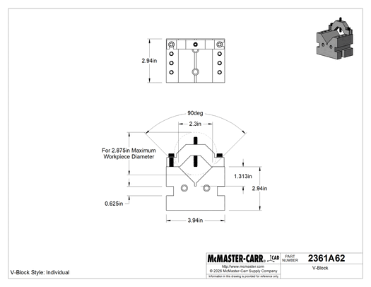 McMaster 2361A62 V-Block, Hardened, for 2-7/8" Maximum Workpiece Diameter