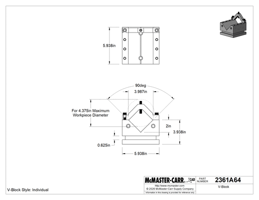 McMaster 2361A64 V-Block, Hardened, for 4-3/8" Maximum Workpiece Diameter