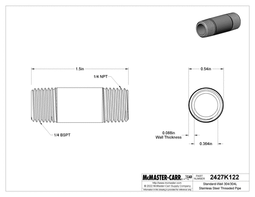McMaster 2427K122 Standard-Wall 304/304L Stainless Steel Threaded Pipe Threaded on Both Ends, 1/4 BSPT x NPT, 1-1/2" Long