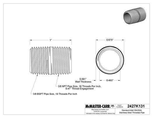 McMaster 2427K131 Standard-Wall 304/304L Stainless Steel Threaded Pipe Fully Threaded, 3/8 BSPT x NPT, 1" Long