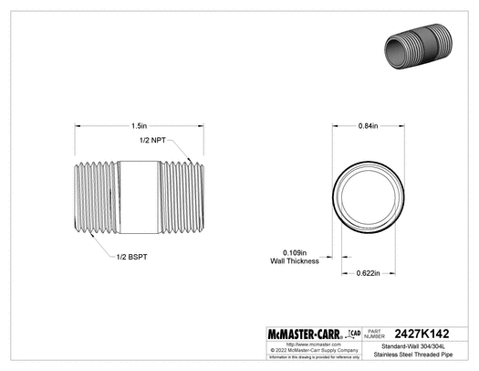 McMaster 2427K142 Standard-Wall 304/304L Stainless Steel Threaded Pipe Threaded on Both Ends, 1/2 BSPT x NPT, 1-1/2" Long