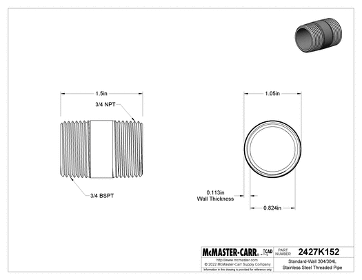 McMaster 2427K152 Standard-Wall 304/304L Stainless Steel Threaded Pipe Threaded on Both Ends, 3/4 BSPT x NPT, 1-1/2" Long