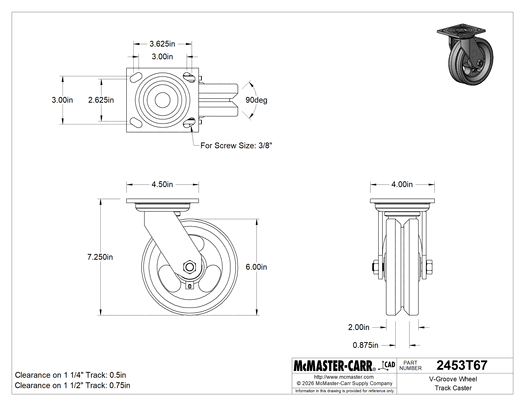 McMaster 2453T67 V-Groove Wheel Track Caster, High-Capacity, 4-1/2" × 4" Plate, Swivel with 6" Diameter Wheel