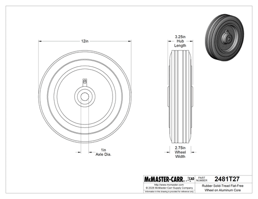 McMaster 2481T27 Rubber Solid-Tread Flat-Free Wheel on Aluminum Core, Center-Mount Hub with Roller Bearing, 12" Diameter × 2-3/4" Wide