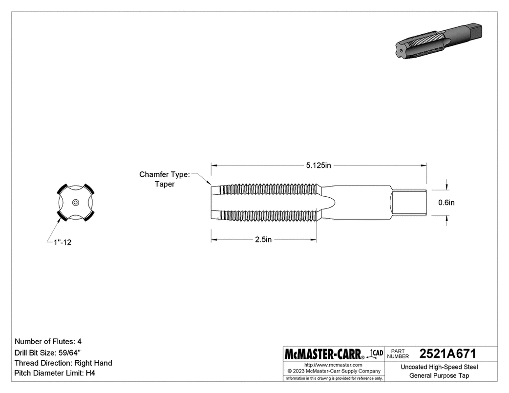 McMaster 2521A671 Uncoated High-Speed Steel Tap Taper Chamfer, 1