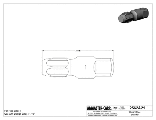 McMaster 2562A21 Straight-Flute Extractor for 1 Pipe Size